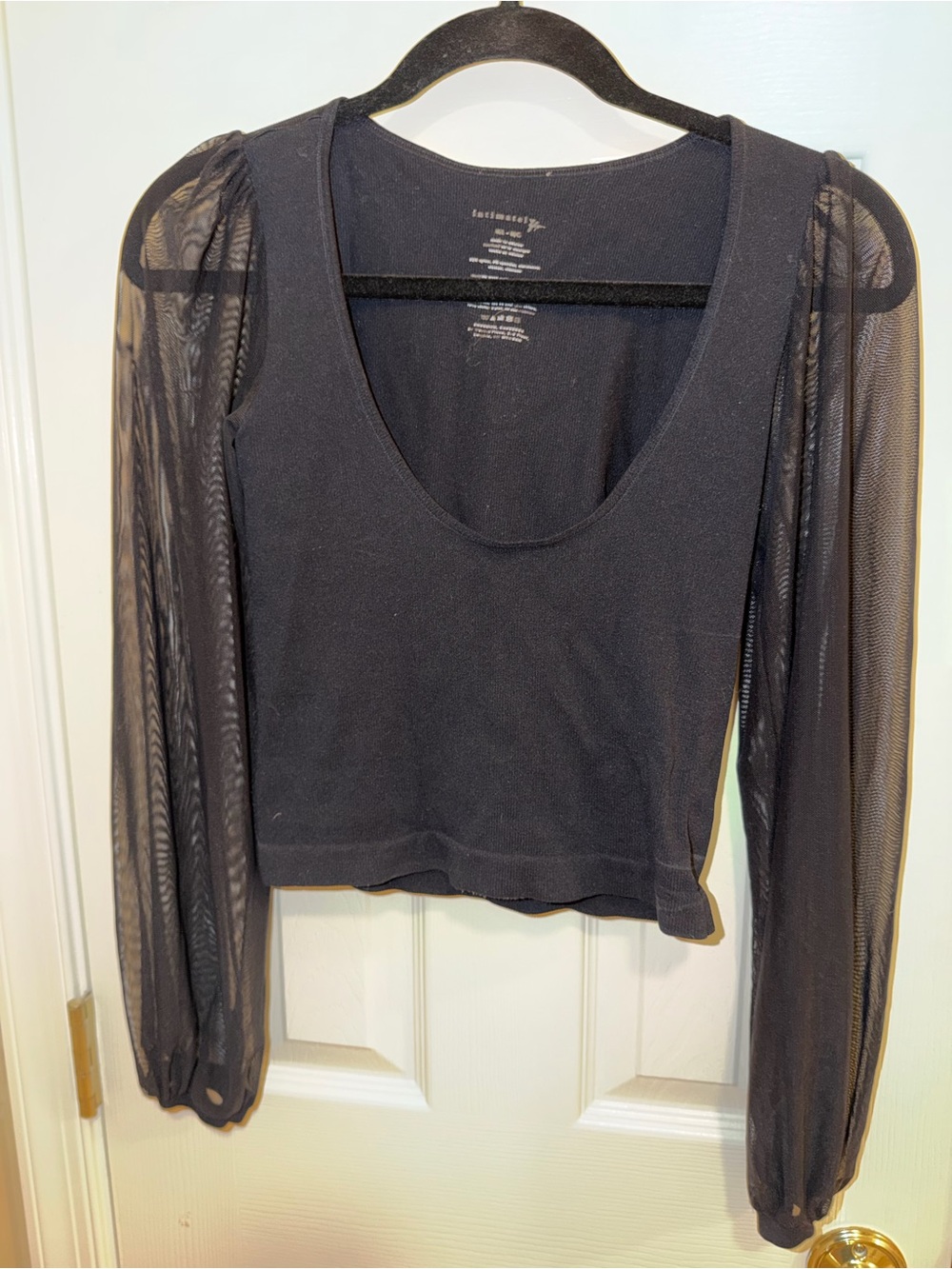 Black Scoop-Neck Crop Top with Sheer Long Sleeves